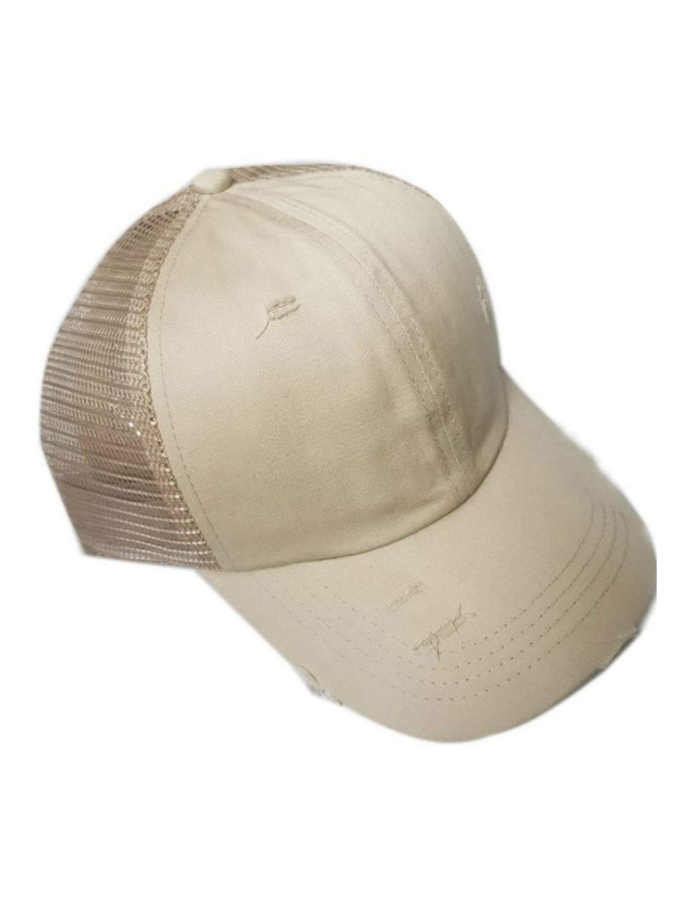 Criss Cross Hat Washed Distressed Baseball Cap Ponytail Hat | Beige | Size OS